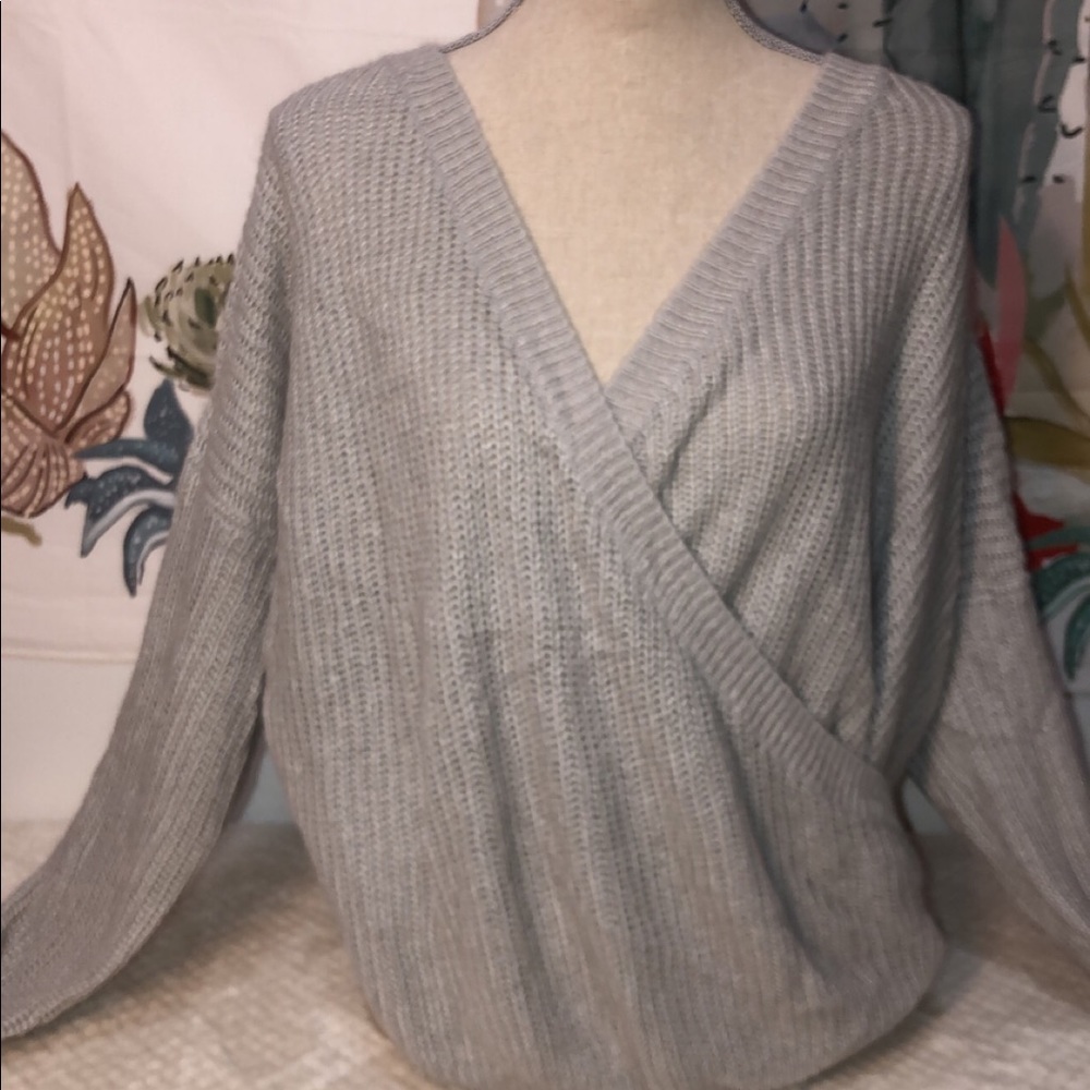 Grey Knit Sweater with Crossed Front